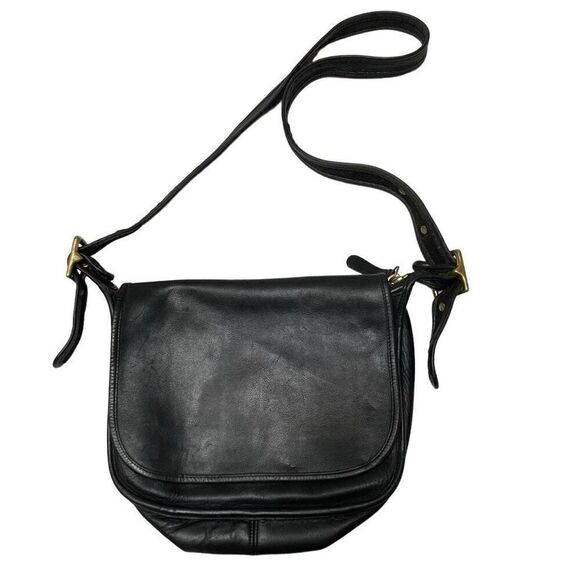 Vintage Coach Patricia Saddle Flap Bag Black Leather Crossbody Messenger 9951 - Picture 1 of 12